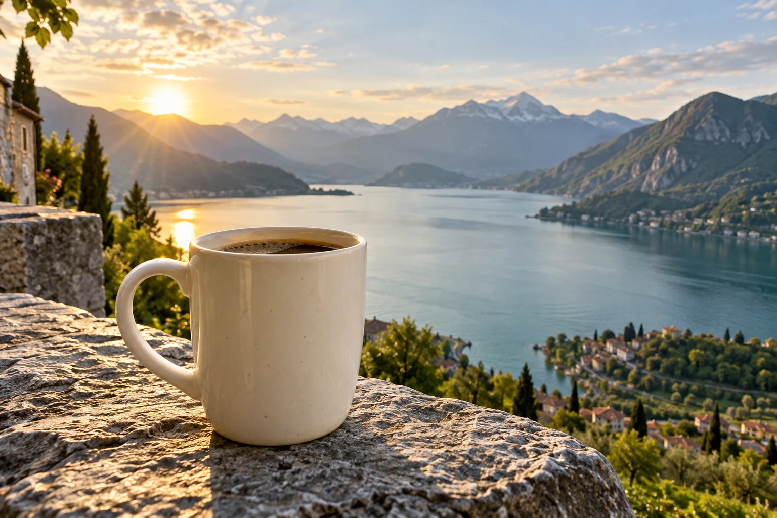 A warm cup of coffee overlooking an alpine lake