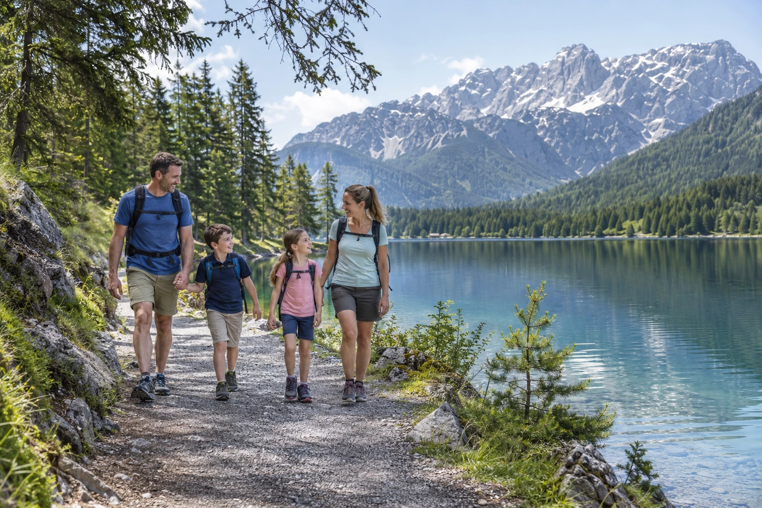 Family exploring an alpine landscape