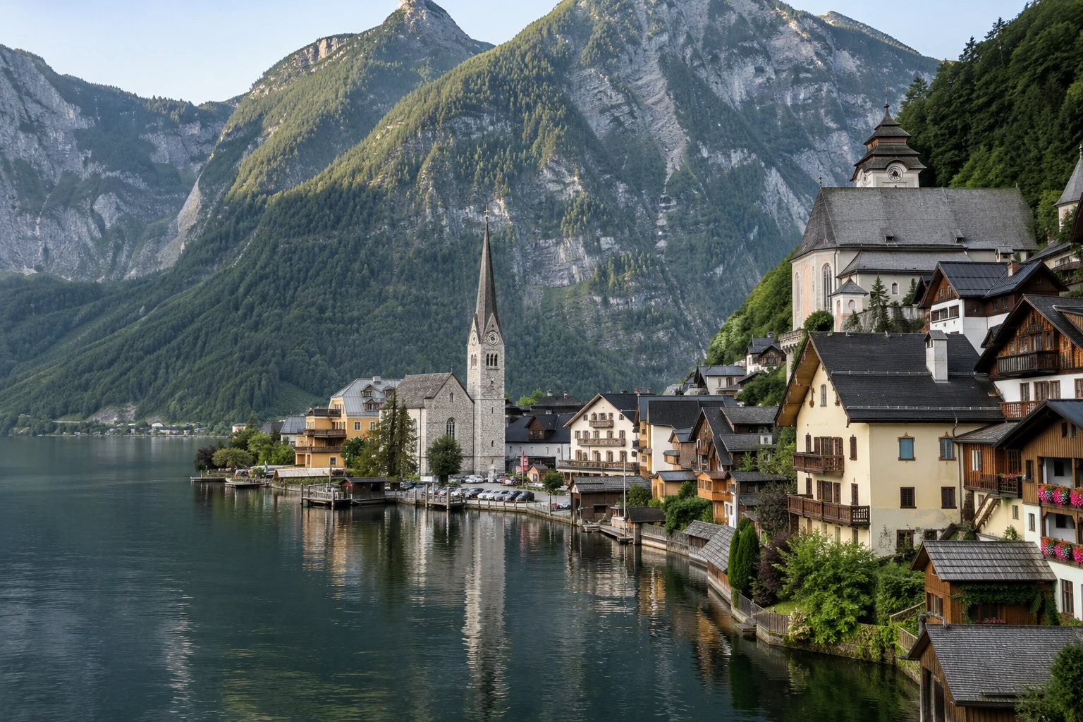 Lakeside village and alpine scenery