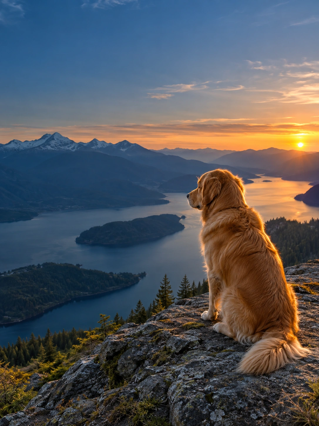 Golden retriever looking over an alpine lake at sunset