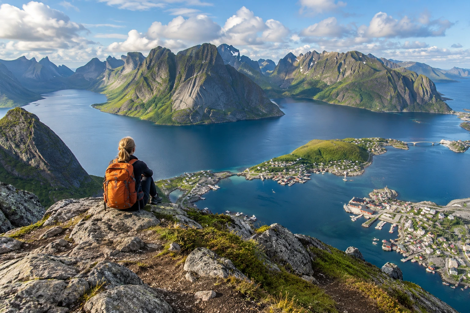 Traveller overlooking the Lofoten fjords